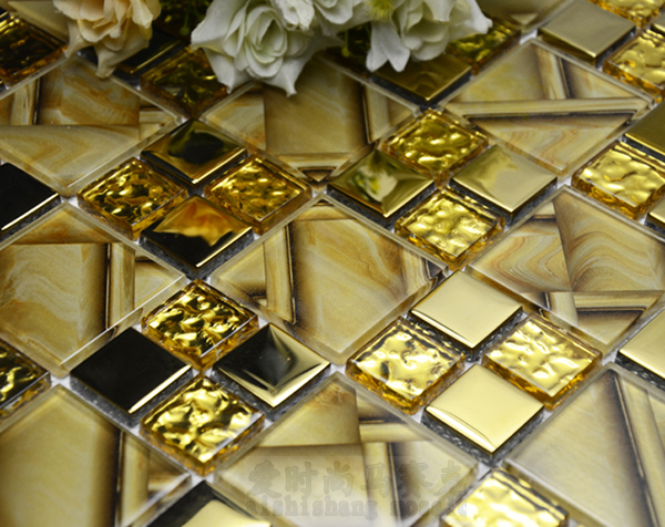 黄色拼图拼花玻璃水晶电镀马赛克客厅墙贴电视背景墙浴室阳台装饰