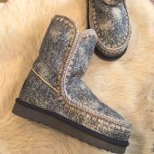 自主品牌女士羊皮毛一体雪地靴毛线编制爱斯基摩24cm浅色牛仔