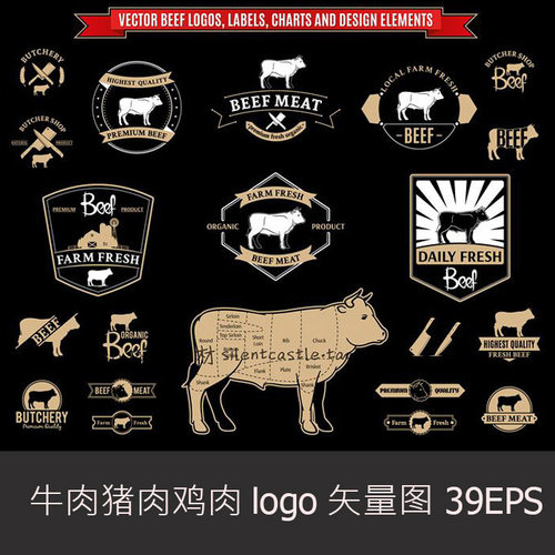 A0794矢量AI设计素材 牛肉猪肉鸡肉羊肉解剖牛排BBQ烧烤农场logo
