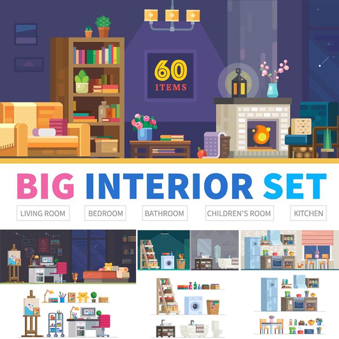 A0127矢量AI设计素材 扁平化室内家具家居图标场景卧室厨房客厅