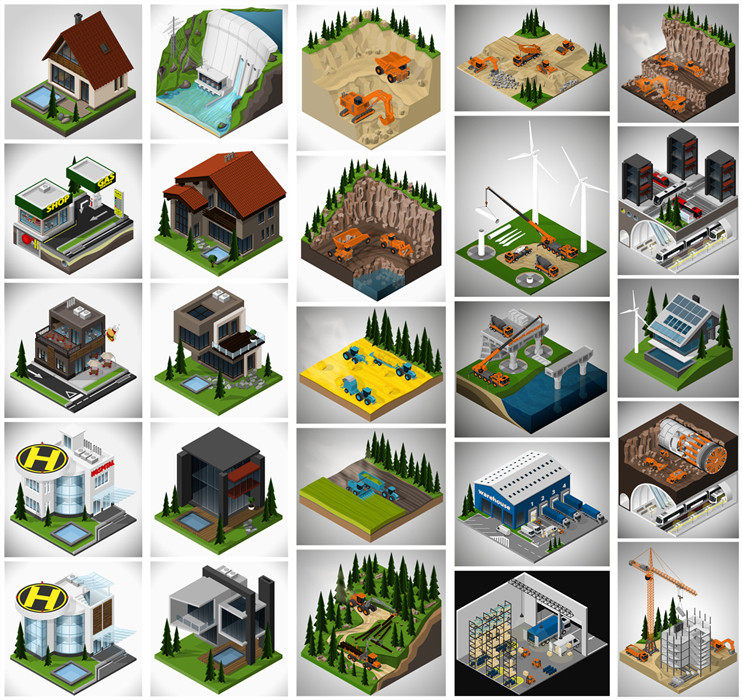 A0730矢量AI设计素材扁平化轴测图isometric建筑工地别墅仓库酒店