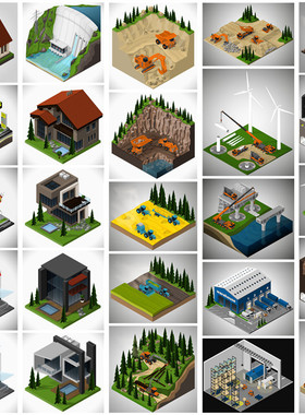 A0730矢量AI设计素材扁平化轴测图isometric建筑工地别墅仓库酒店