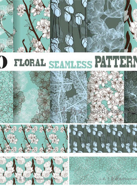 A0182矢量AI设计素材 10张优雅抽象蓝色四方连续花卉图案