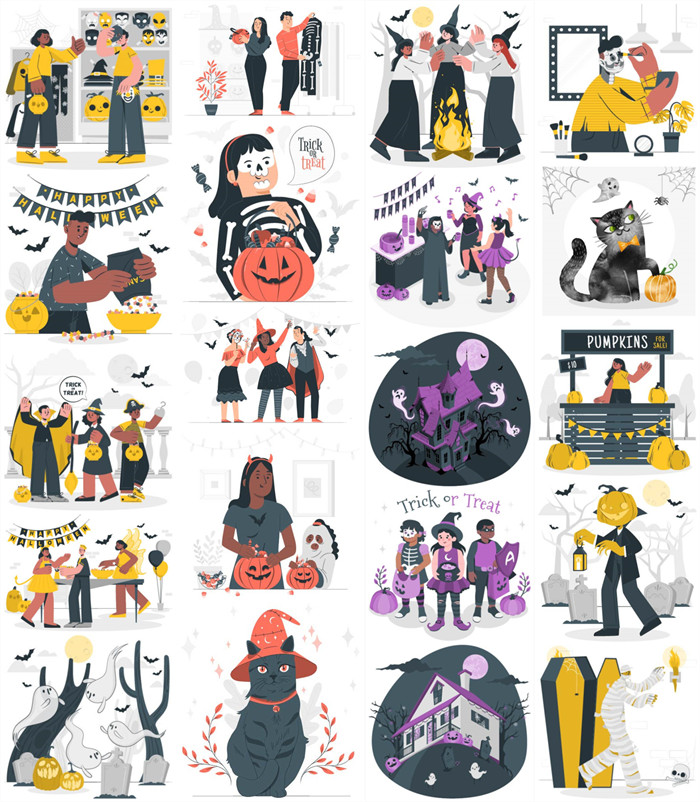 A0594矢量AI设计素材 扁平化万圣节图标插画小魔女南瓜灯聚会幽灵