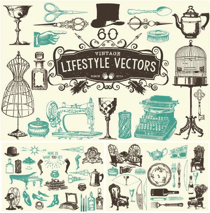 A0572矢量AI设计素材 60个复古生活方式服装室内装饰家具物品线稿