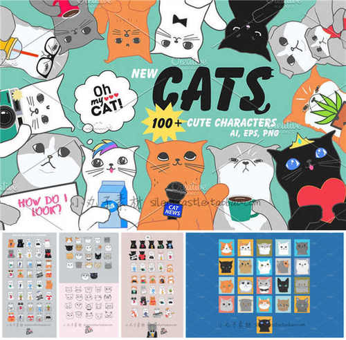 A0367矢量AI设计素材 卡通猫咪形象logo插画印花图+png