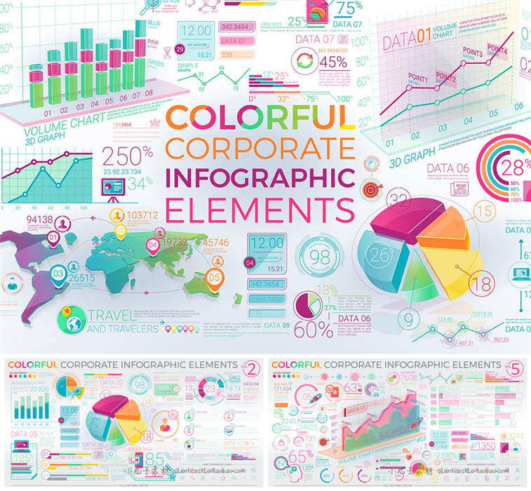 A0228矢量AI设计素材 彩色立体商务数据可视化信息图折线饼图地图