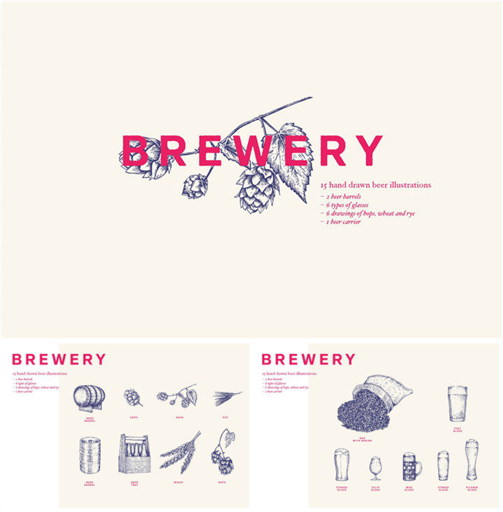 a0746矢量ai设计素材 复古啤酒酿造线稿版画风格logo装饰花纹 png