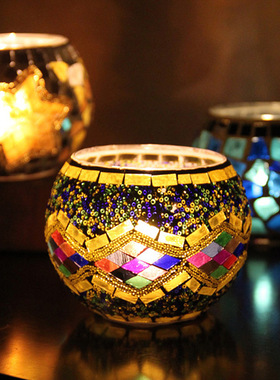 马赛克玻璃烛台电子蜡烛灯婚礼摆件告白蜡烛杯拍摄道具欧式复古
