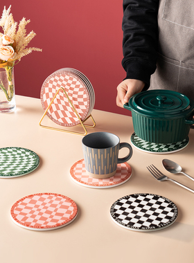 复古棋盘格杯垫ins风办公室圆形陶瓷吸水锅垫隔热垫吧台咖啡杯垫