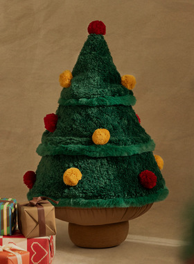 圣诞树抱枕秋冬毛绒节日氛围感美式高级感客厅毛绒靠枕样板间装饰