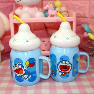 蓝胖子陶瓷杯子可爱卡通马克杯创意叮当奶瓶水杯咖啡杯带盖勺