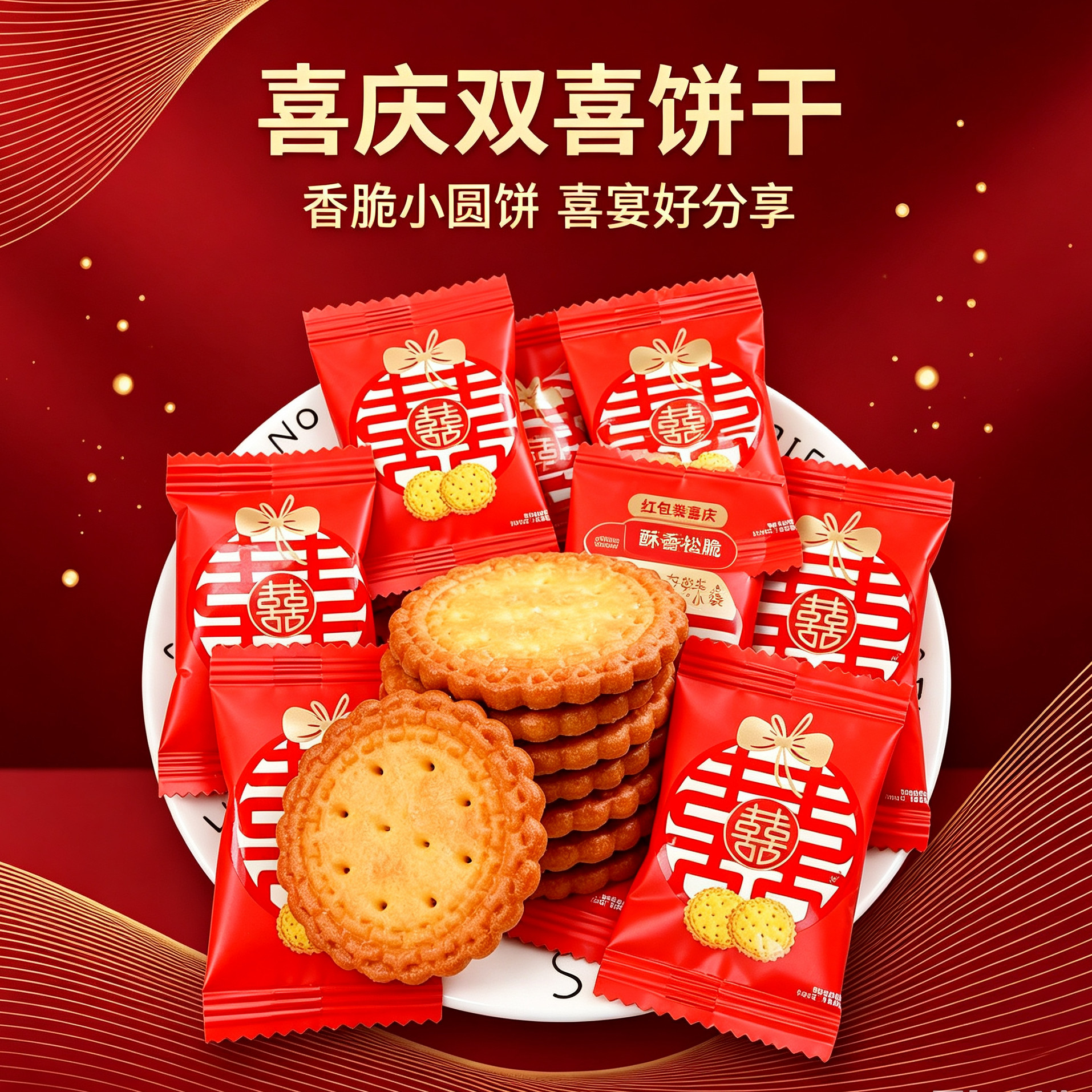 汇福园双喜字小圆饼干500g散装喜饼婚庆伴手礼满月小零食袋装喜糖