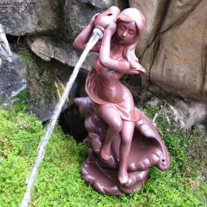 紫砂喷水海螺美女陶瓷庭院人物