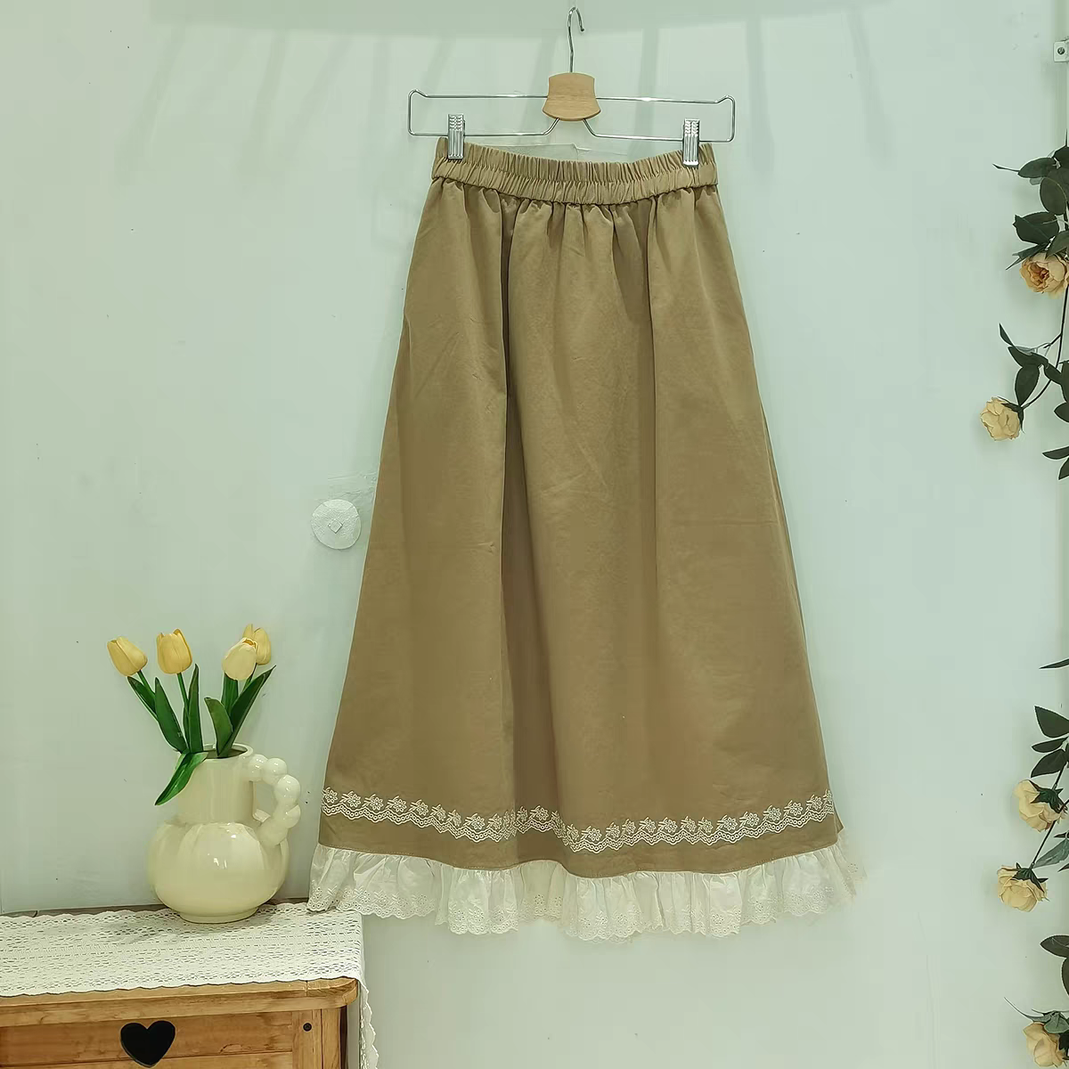 复古拼接花边高腰A字半身裙女 森系文艺学院风显瘦宽松通勤中长裙