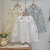 日系软妹森系小清新刺绣花朵荷叶边娃娃领宽松纯棉长袖 上衣女 衬衫