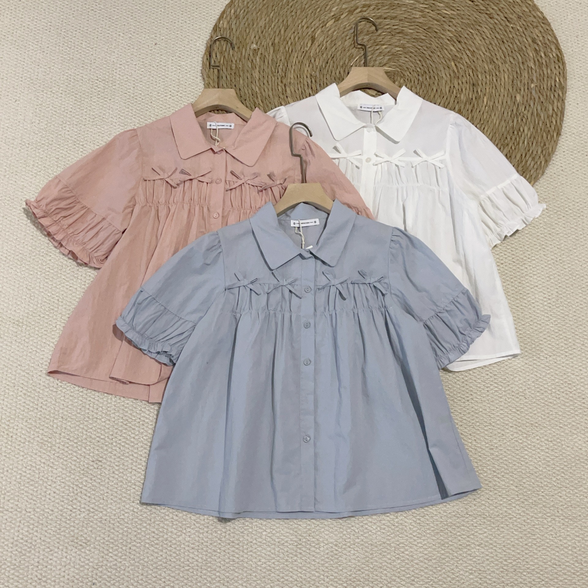 软妹可爱褶皱蝴蝶结短袖衬衫女夏季宽松甜美抽皱泡泡袖衬衣2025夏