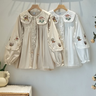甜美长袖 磨毛重工绣花娃娃领衬衫 小个子减龄宽松衬衣 冬季 森系新款