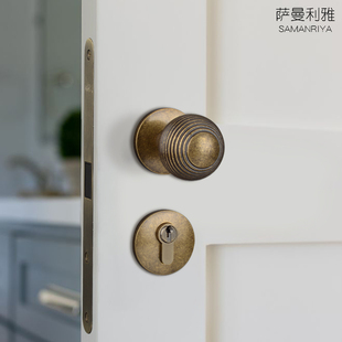 萨曼利雅黄铜复古圆球形门锁古铜色室内分体磁吸静音卧室双开门把