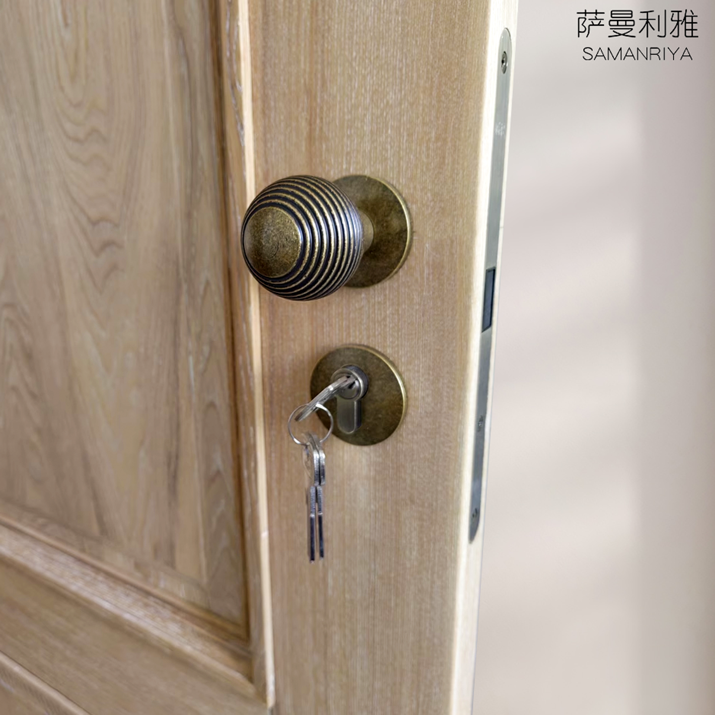 萨曼利雅黄铜复古圆球形门锁古铜色室内分体磁吸静音卧室双开门把