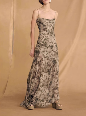 西班牙小众设计~桑蚕丝榆树印花斜裁双层不对称长款吊带连衣裙女