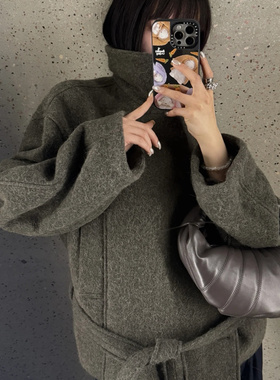Le家同款羊驼毛面料大衣女秋冬新款阔版显瘦小个子系带毛呢外套女
