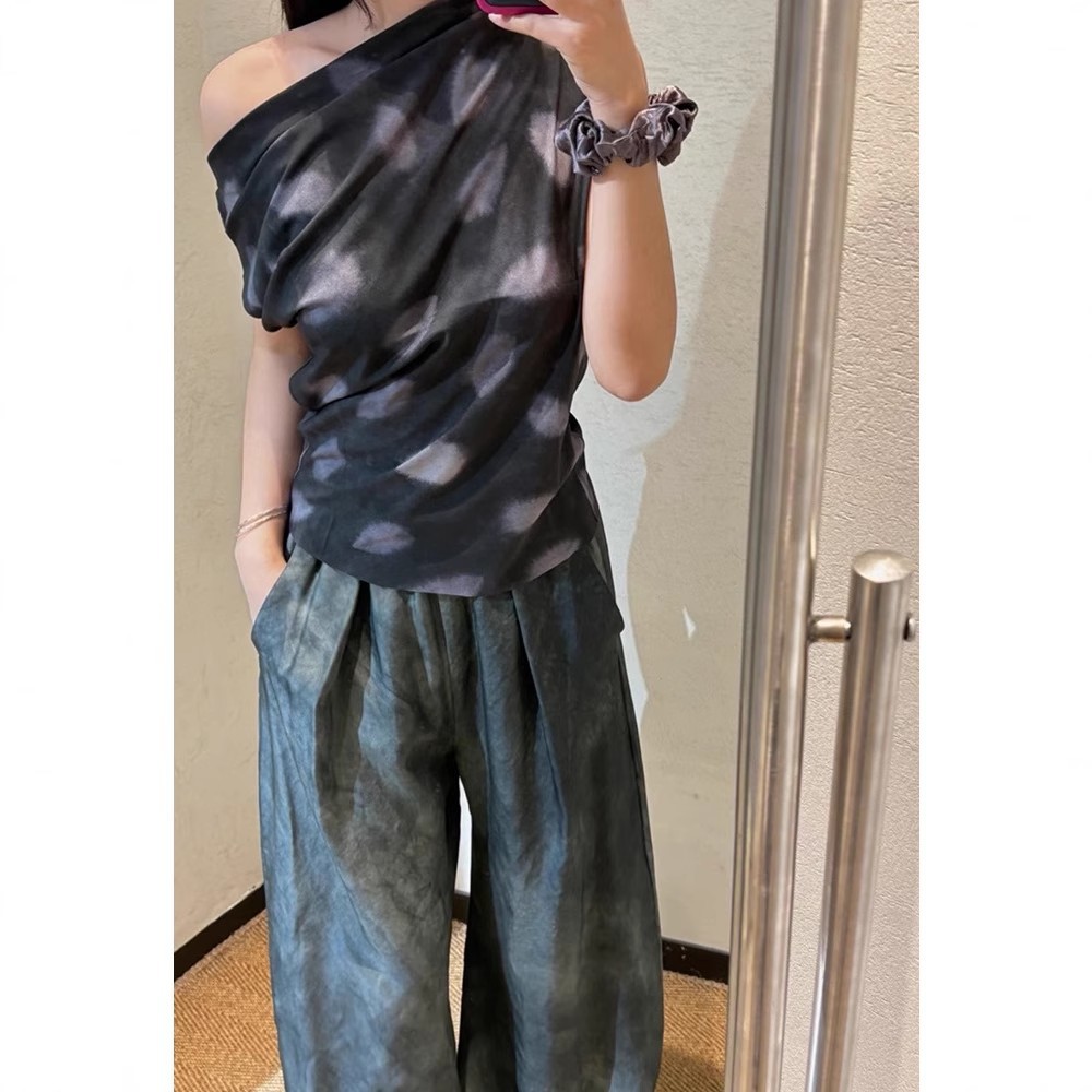 轻奢高级感冷染印花真丝无袖上衣女荡领桑蚕丝T恤两穿斜肩一字领