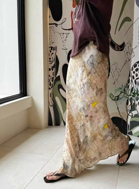 RAW 自留款设计师品牌新中式国风半身裙印花松紧腰头斜纹长裙25夏