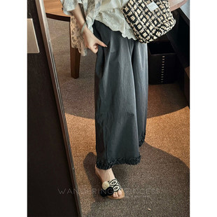 钱美西高腰灰色阔腿九分裤女夏薄款木耳边休闲直筒裤宽松遮肉裤子