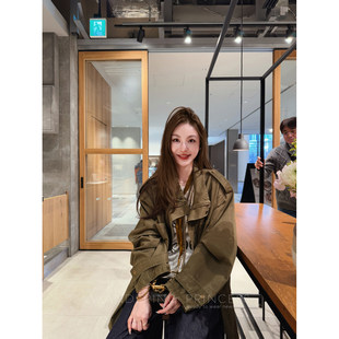 钱美西 200g匹马棉高织密重磅纱洗 军绿色工装外套风衣夹克女春