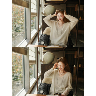 钱美西 100新澳山羊绒德国刺绣蕾丝花边V领保暖针织衫软糯毛衣女