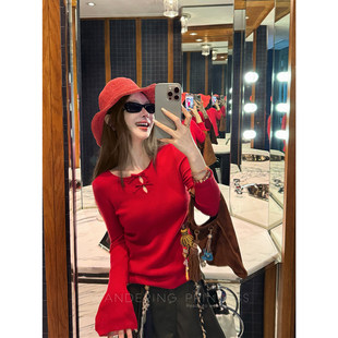 钱美西1/31新品 新色！100羊毛16针精纺镂空蝴蝶结针织衫船领上衣