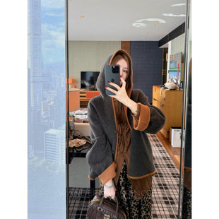 钱美西90高支羊毛一手长双色双面呢连帽大衣撞色长短款毛呢外套女