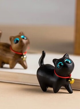 黑檀小猫摆件绿檀招财猫旺财迷你木质摆件红木文玩萌宠生日礼品
