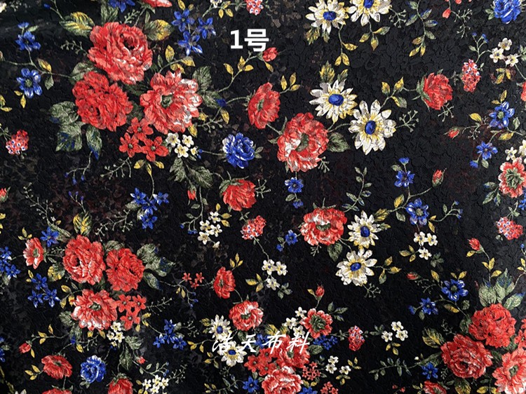 黑底红花蕾丝时尚四面弹力手感柔软连衣裙打底衫上衣服装面料马