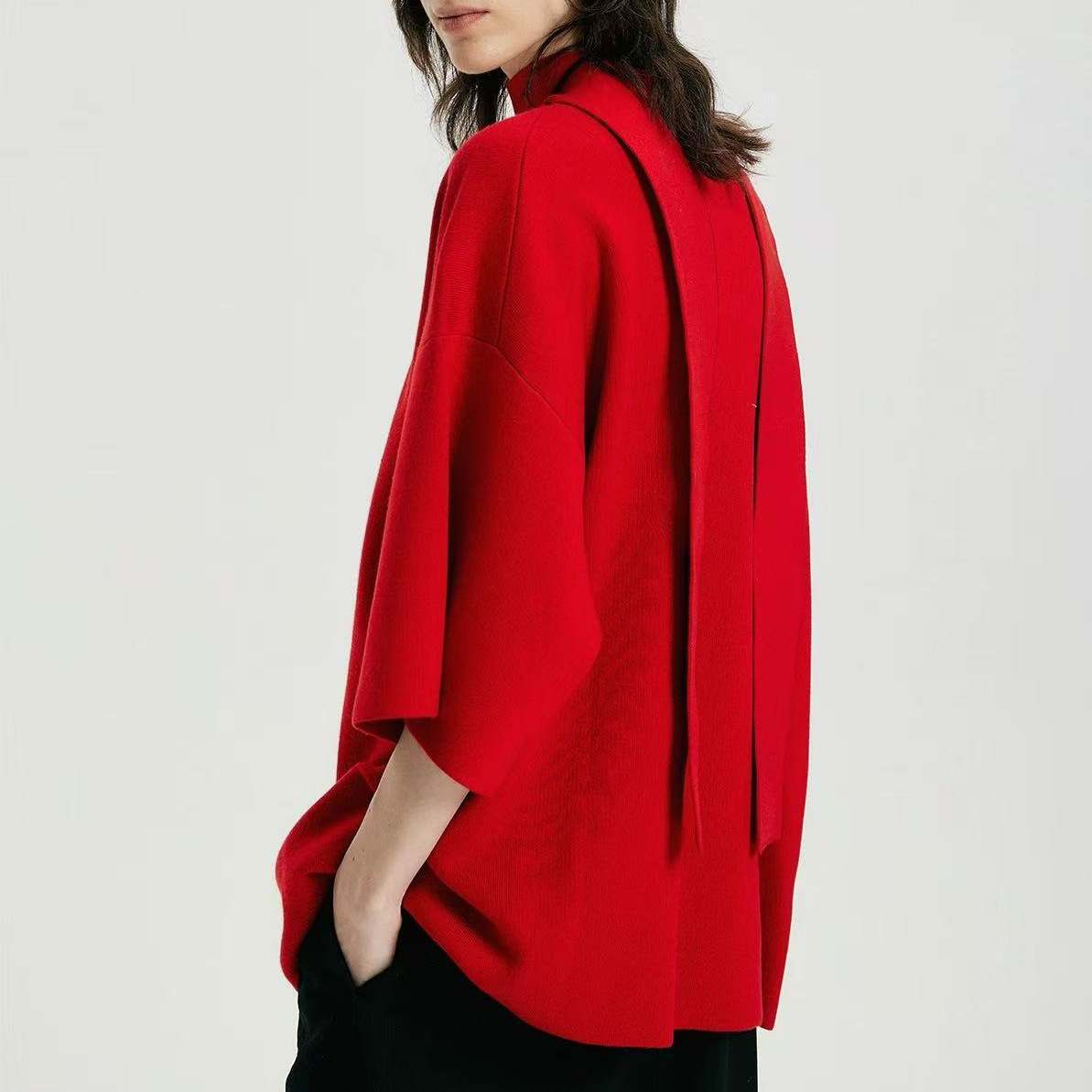 100精仿羊毛设计感后领飘带无风袖宽松廓形韩版时尚高品质红色毛