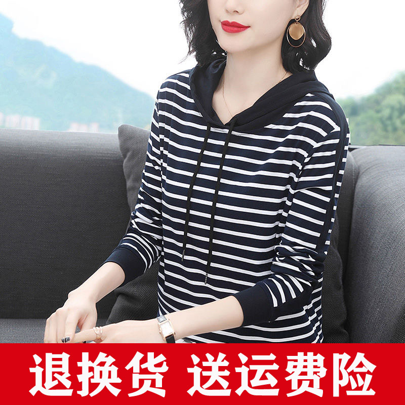春夏纯棉条纹长袖T恤女夏宽松妈妈装打底衫大码短袖连帽上衣卫衣t