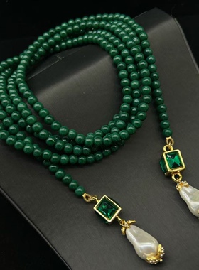 中古风vintage风复古宫廷风祖母绿琉璃项链长款毛衣链琉璃仿珍珠