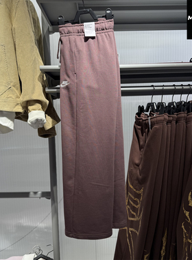 NIKE耐克女子直筒长裤中腰阔腿春款薄绒刺绣运动休闲裤FB2728-502