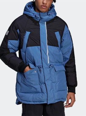 正品Adidas/阿迪三叶草冬季男子中长款收腰运动连帽羽绒服 HL6745