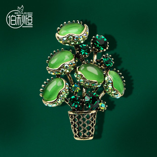 莫奈花园玉髓花篮胸花欧美复古绿色森女系胸针高档女时尚 大衣别针