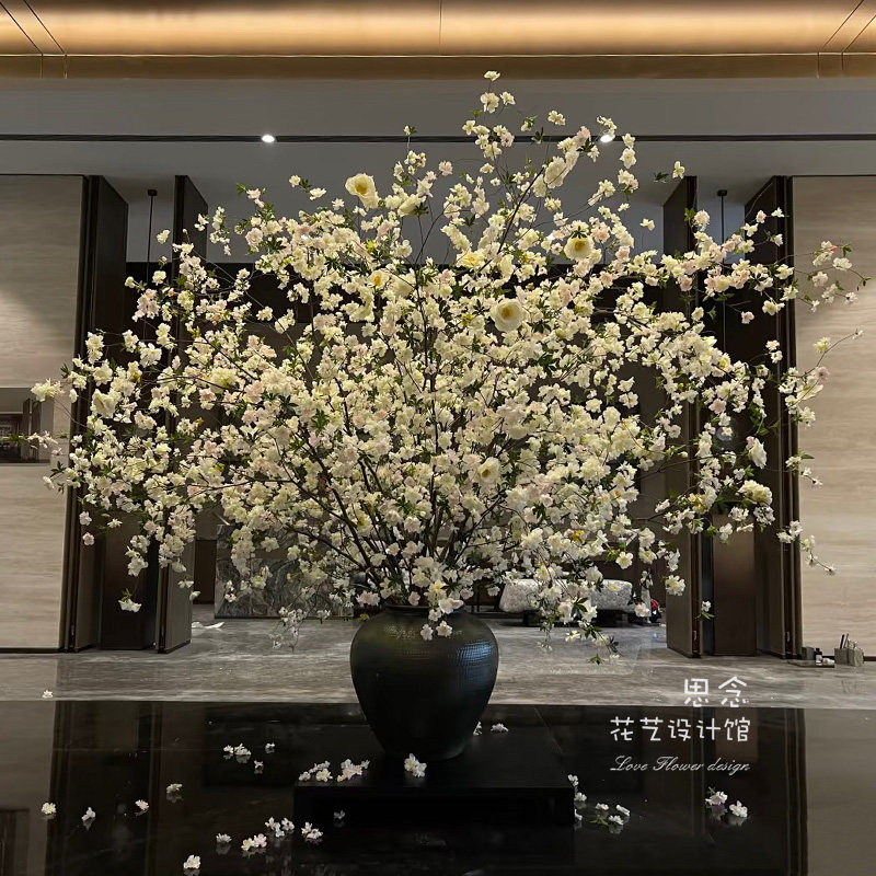样板房售楼处大堂桌花桃花樱花陶罐仿真花设计定制会所高定轻奢
