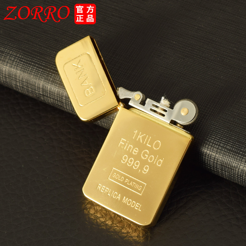 佐罗ZORRO金砖煤油打火机IP真金24K电镀超薄金条砂轮限量火机礼物