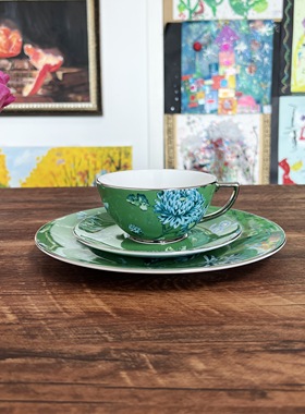 原装礼盒Wedgwood Jasper Conran翠玉凤凰绿色/白色杯碟盘三件套