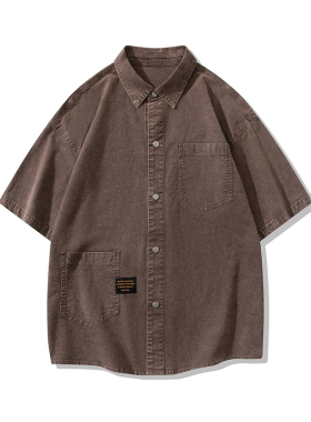 【控价89】L-9XL美式复古棕色工装短袖衬衫男夏季潮牌山系宽松衬