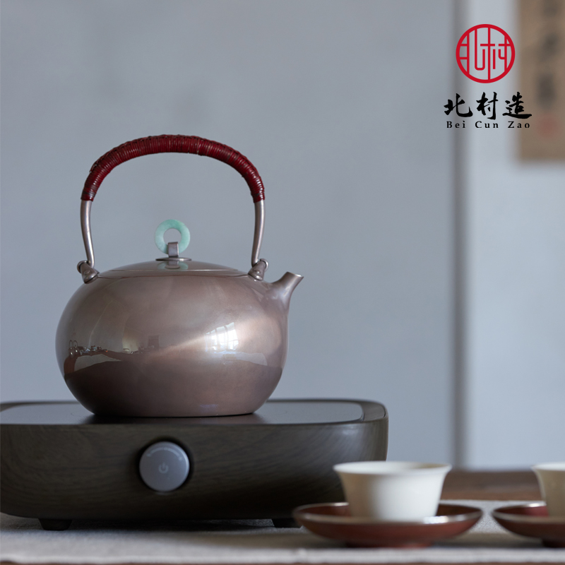北村造银壶纯手工北村纯银9999一张打烧水道煮水泡茶壶铁把提梁壶
