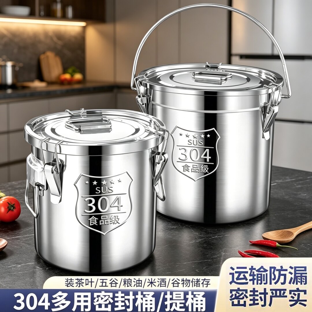 304不锈钢密封桶大容量多功能储物罐防潮防虫手提密封桶厨房收纳