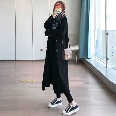正肩黑色双面羊绒大衣赫本风