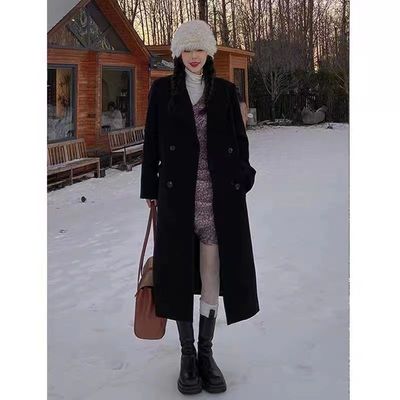 黑色呢子大衣女中长款西装秋冬季