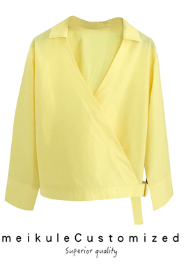 2025春薄款百搭纯色黄色V领衬衫通勤韩范OL气质长袖简约装上衣女